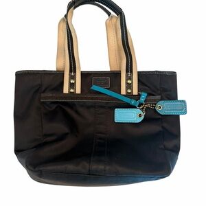 Coach Black Tote with Cream Handles and Turquoise Tags